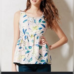 Leifsdottir Anthropologie Bird Print Peplum Top Blouse Metallic Sz 2
